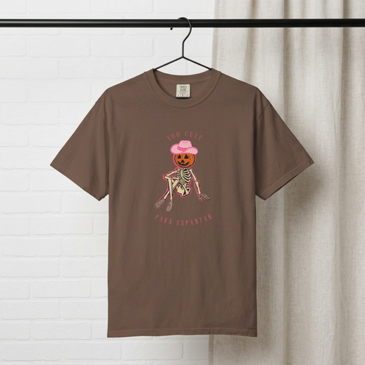 Too Cute Para Espantar Tee — Pink Cowgirl Pumpkin Skeleton Halloween Shirt