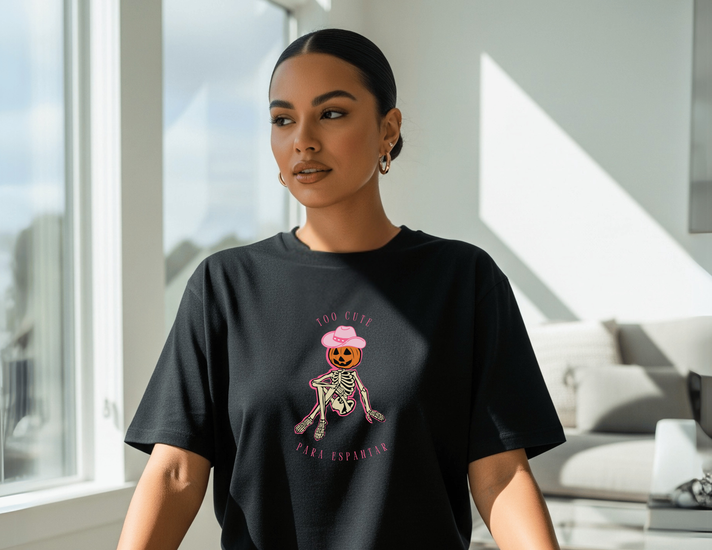 Too Cute Para Espantar Halloween T-Shirt | Pink Cowgirl Pumpkin Skeleton Graphic Tee