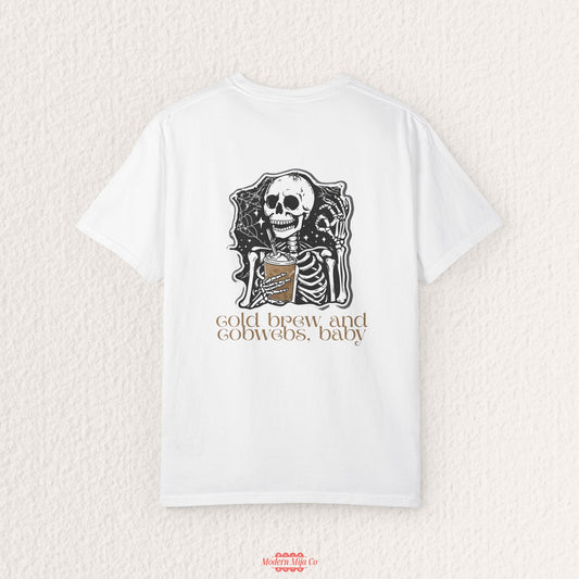 Cold Brew & Cobwebs Tee — Fall Coffee Lover Graphic Shirt